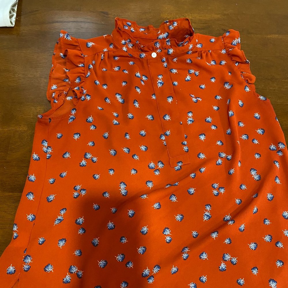 Red Shell with Blue Flowers, Ruffle Sleeves